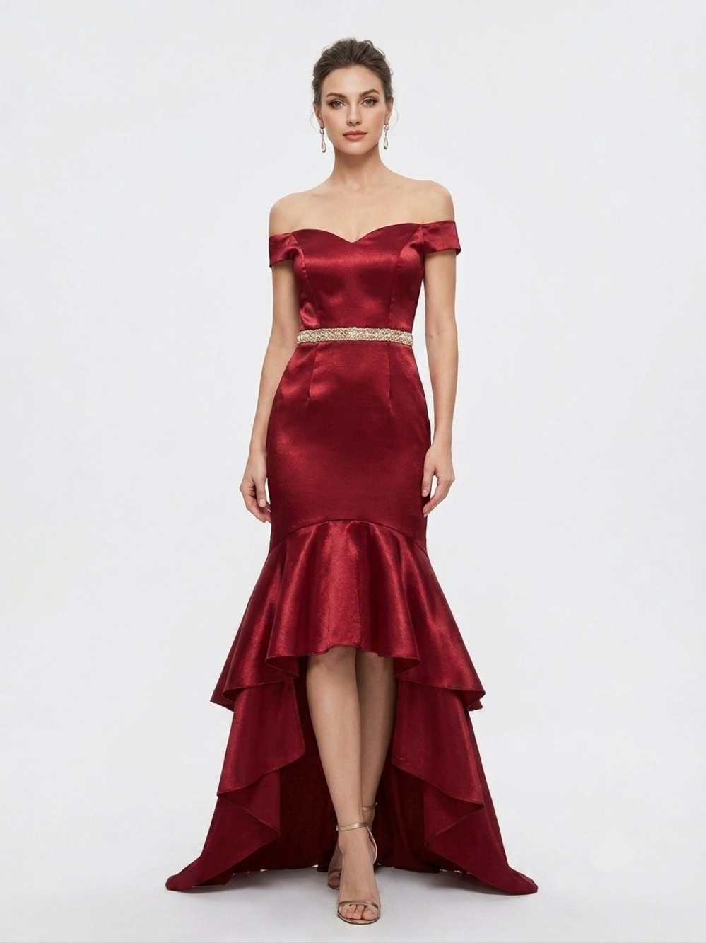 Off-Shoulder Burgundy Satin High-Low Mermaid Gown with Gold Belt - L
